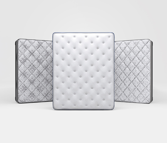 A trio of quilted rectangular panels, with a central white tufted panel flanked by two gray diamond-patterned panels.